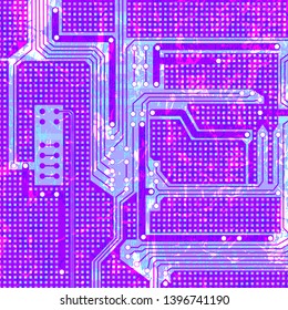 Printed circuit board. Stylization with light and stains. Copper lanes, soldering points and contacts. Futuristic color performance.