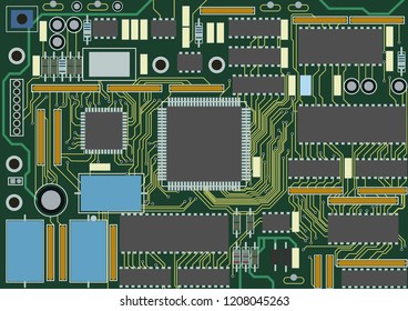 Printed circuit board, various IC chips and electronic components, Vector Background.