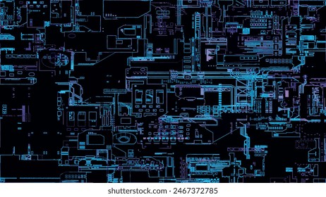 Printed circuit board. Visualization of advanced technology concept: PCB processor microchip, digitization of neural networks and cloud computing. Digital lines transmit data. Vector illustration.
