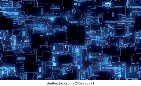 Printed circuit board. Visualization of advanced technology concept: PCB processor microchip, digitization of neural networks and cloud computing. Digital lines transmit data. Vector illustration.