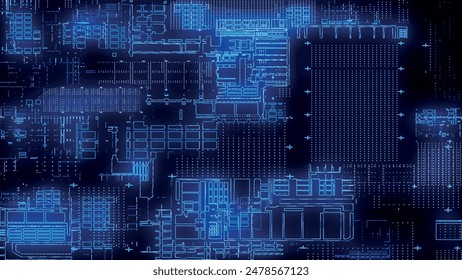 Printed circuit board. Visualization of advanced technology concept: PCB processor microchip, digitization of neural networks and cloud computing. Digital lines transmit data. Electronic computer 