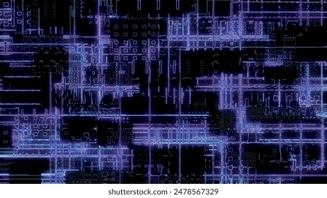 Printed circuit board. Visualization of advanced technology concept: PCB processor microchip, digitization of neural networks and cloud computing. Digital lines transmit data. Electronic computer 