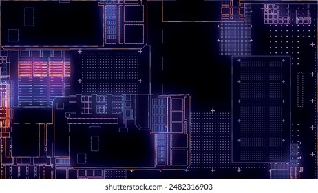 Tarjeta de circuito impreso. Visualización del concepto de tecnología avanzada: microchip de procesador PCB, digitalización de redes neuronales y computación en la nube. Las líneas digitales transmiten datos. Ilustración vectorial.