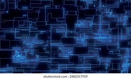 Printed circuit board. Visualization of advanced technology concept: PCB processor microchip, digitization of neural networks and cloud computing. Digital lines transmit data. Vector illustration.