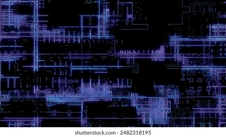 Printed circuit board. Visualization of advanced technology concept: PCB processor microchip, digitization of neural networks and cloud computing. Digital lines transmit data. Vector illustration.