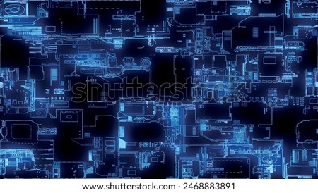Printed circuit board. Visualization of advanced technology concept: PCB processor microchip, digitization of neural networks and cloud computing. Digital lines transmit data. Vector illustration.