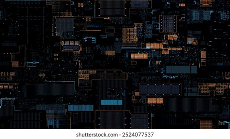 Placa de circuito impresso. Visualização do chip do processador da placa de circuito impresso, digitalização de redes neurais e computação em nuvem. Pulsos digitais transmitem dados. Funcionamento da placa de circuitos eletrônicos