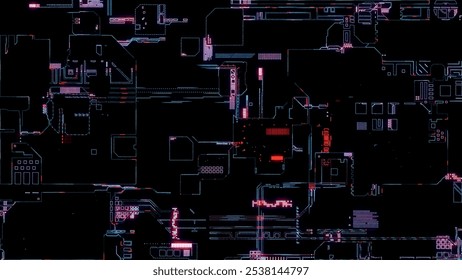 Printed circuit board. Visualization of printed circuit board processor chip, digitalization of neural networks and cloud computing. Digital pulses transmit data. Electronic circuit board 