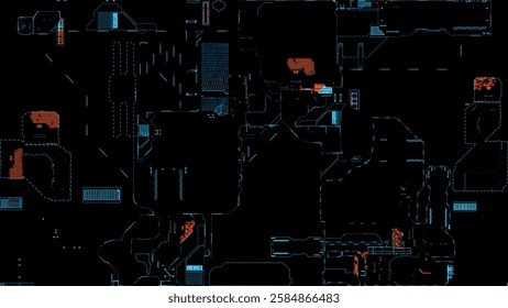 Printed circuit board. Visualization of printed circuit board processor chip, digitalization of neural networks and cloud computing. Digital pulses transmit data. Electronic circuit board operation te