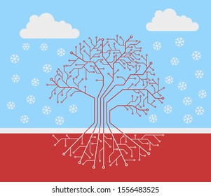 Printed circuit like tree with root, snow landscape