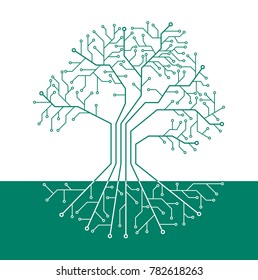 Printed circuit like tree with root, white background