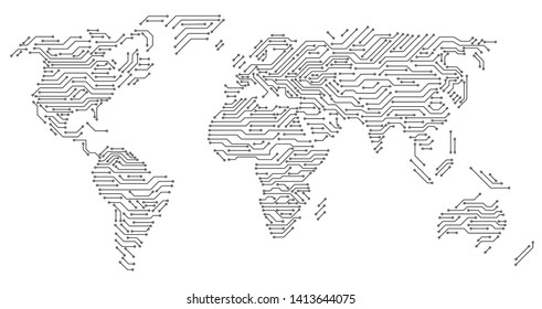 Printed circuit map of World, vector illustration