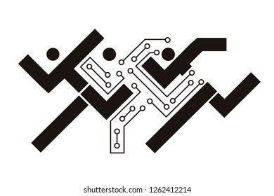 

Printed circuit, Quick computer Solution concept.
Stylized black symbol of three runners, One runner styled as a circuit. Concept for electronics solution. Vector available. 