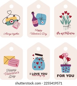 A printed collection of Valentine's Day labels. Gift and flower tags with romantic wishes