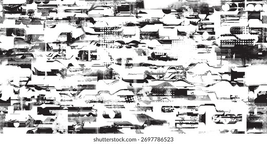 Printed distorted grungy abstract forms . Halftone dots seamless pattern texture. Grange shapes .Grunge textured . Vector shapes with half tone dots .Screen print endless pattern texture