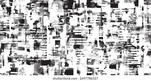 Printed distorted grungy abstract forms . Halftone dots seamless pattern texture. Grange shapes .Grunge textured . Vector shapes with half tone dots .Screen print endless pattern texture