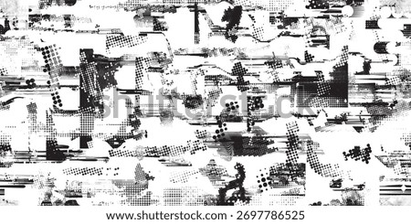 Printed distorted grungy abstract forms . Halftone dots seamless pattern texture. Grange shapes .Grunge textured . Vector shapes with half tone dots .Screen print endless pattern texture