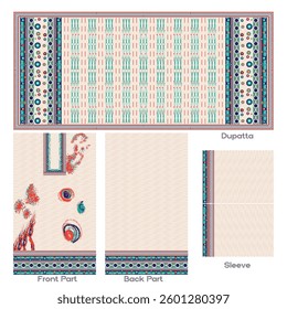 Printed dupatta, front and back part with sleeve textile design