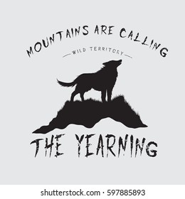 Printed emblem with howling wolf on mountain.Typography design for t-shirts