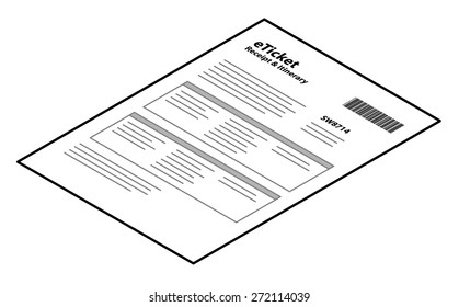A printed eTicket, receipt and itinerary with a barcode and a booking reference number.
