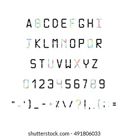 Printed font. Fonts 80s, 90s with a hologram. Simple Letters and symbols