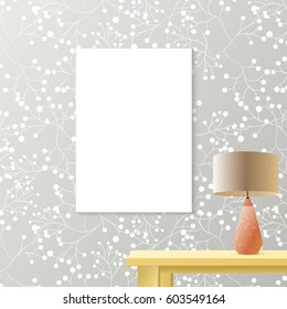 Printed grey wallpaper with white blank vertical poster for copyspace on wall, elegant fresh interior room mockup for design, lamp and table,vector illustration