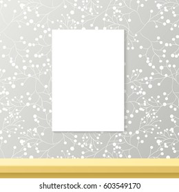 Printed grey wallpaper with white blank vertical poster for copyspace on wall, elegant fresh interior room mockup for design, vector illustration