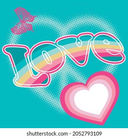 printed hearts and colored text love on blue background