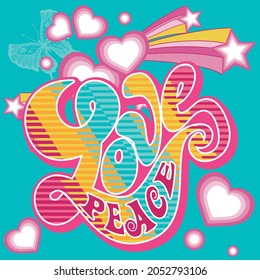 printed hearts and stars, colored text love