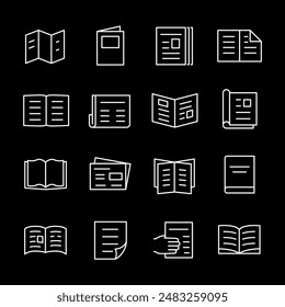 Printed matter and publications, white line icons. Books, newspapers, and digital publications. Essential for media and educational themes. Symbols on black background. Editable stroke.