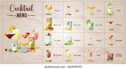 A printed menu of cocktails illustration