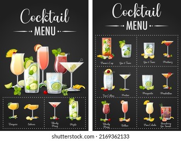 A printed menu of cocktails illustration