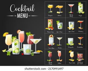 A printed menu of cocktails illustration