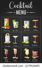 A printed menu of cocktails illustration