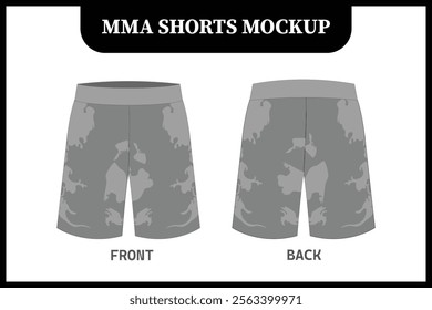 Printed MMA sports short pants for men front and back view flat sketch vector line art editable mockup template