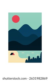 Printed painting landscape poster illustration. Flat landscape boho wall art design