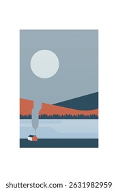 Printed painting landscape poster illustration. Flat landscape boho wall art design
