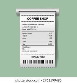 Printed paper receipt, shopping paper prints, bill atm check vector mockup. Coffee shop ticket mockup. check vector template realistic illustration