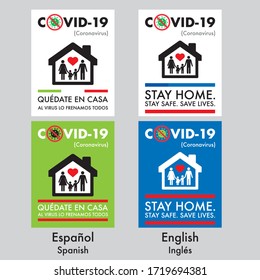 Printed poster of "quédate en casa" and "stay home" to prevent covid-19 (coronavirus) in two idioms, spanish and english