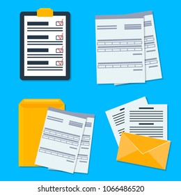 Printed and printing products. Folder with paper, letterhead, letter envelope, letterhead, documents and reporting. Colored flat icons. Vector illustration.