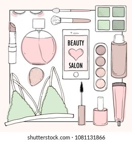 Printed products for a beauty shop and cosmetics, for bloggers and sites. Hand draw illustration.