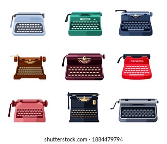 Printed retro typewriters set. Stylish old mechanical instruments for printing documentation and fiction classic red tool of writer screenwriter push button green and publications. Vector literature.