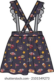 PRINTED RUFFLED BRACE SKIRT WITH SUSPENDER FOR KID AND TODDLER GIRLS WEAR VECTOR ILLUSTRATION