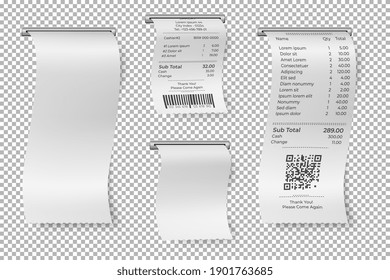 Printed Sale Receipt. Restaurant Bill, Isolated Atm Paper Check. Blank Cashier Receipts Mockup, Shop Or Supermarket Invoice Vector Template