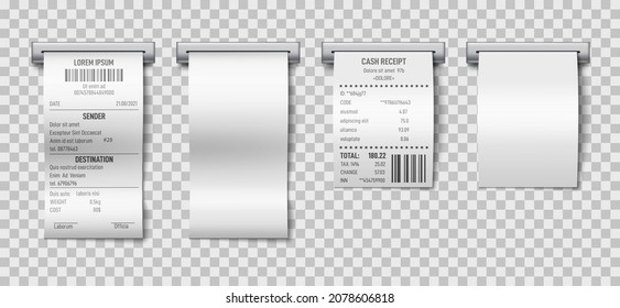 Printed Sale Receipt. Shopping Receipts Paper Prints, Supermarket Bills. Isolated Invoice Mockup, Printing In Atm Restaurant Blank Check Exact Vector Template