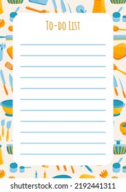 Printed to-do list template with kitchen utensils for cooks and cooking enthusiasts. Kitchenware collection.