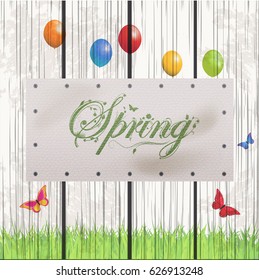 Printed White Wood with Balloons Butterfly and Grass with White Leather Label and Screws and Floral Spring Text
