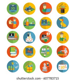 Printer 3d flat icons set for Sculpturing, creation of figurines and souvenirs