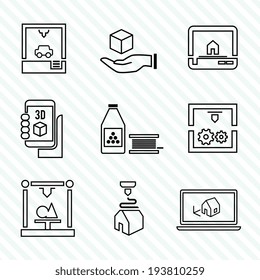 Printer 3d outline icons set of manufacturing production process isolated vector illustration