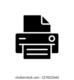 Printer black glyph icon. Office equipment. Electronic device for work purposes. Printing information on paper. Silhouette symbol on white space. Solid pictogram. Vector isolated illustration